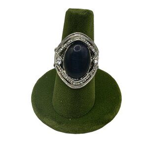 Vintage Silver-Tone Bllue Stone Adjustable Ring With Rhinestone Accents